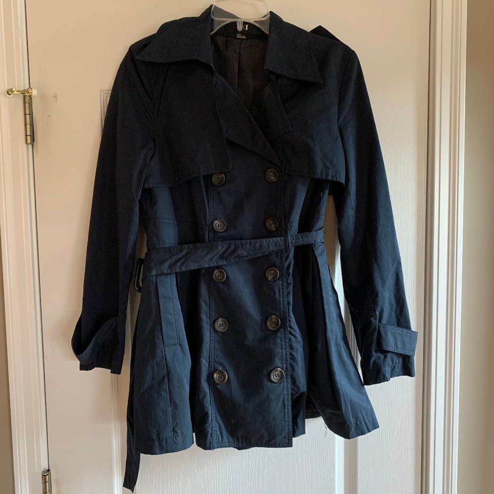 Classic Women's Double-Breasted Trench Coat - Dark Navy with Black Buttons